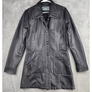 Neutral Zone Coat Womens Small Black Faux Leather  Longline Button Front Vintage